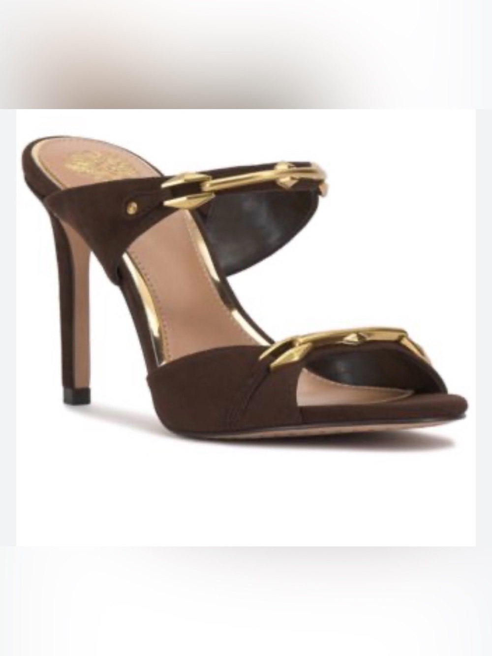 NWT Vince Camuto Cambra Brownie Suede Gold Hardware Heels Sandals 8M with Box